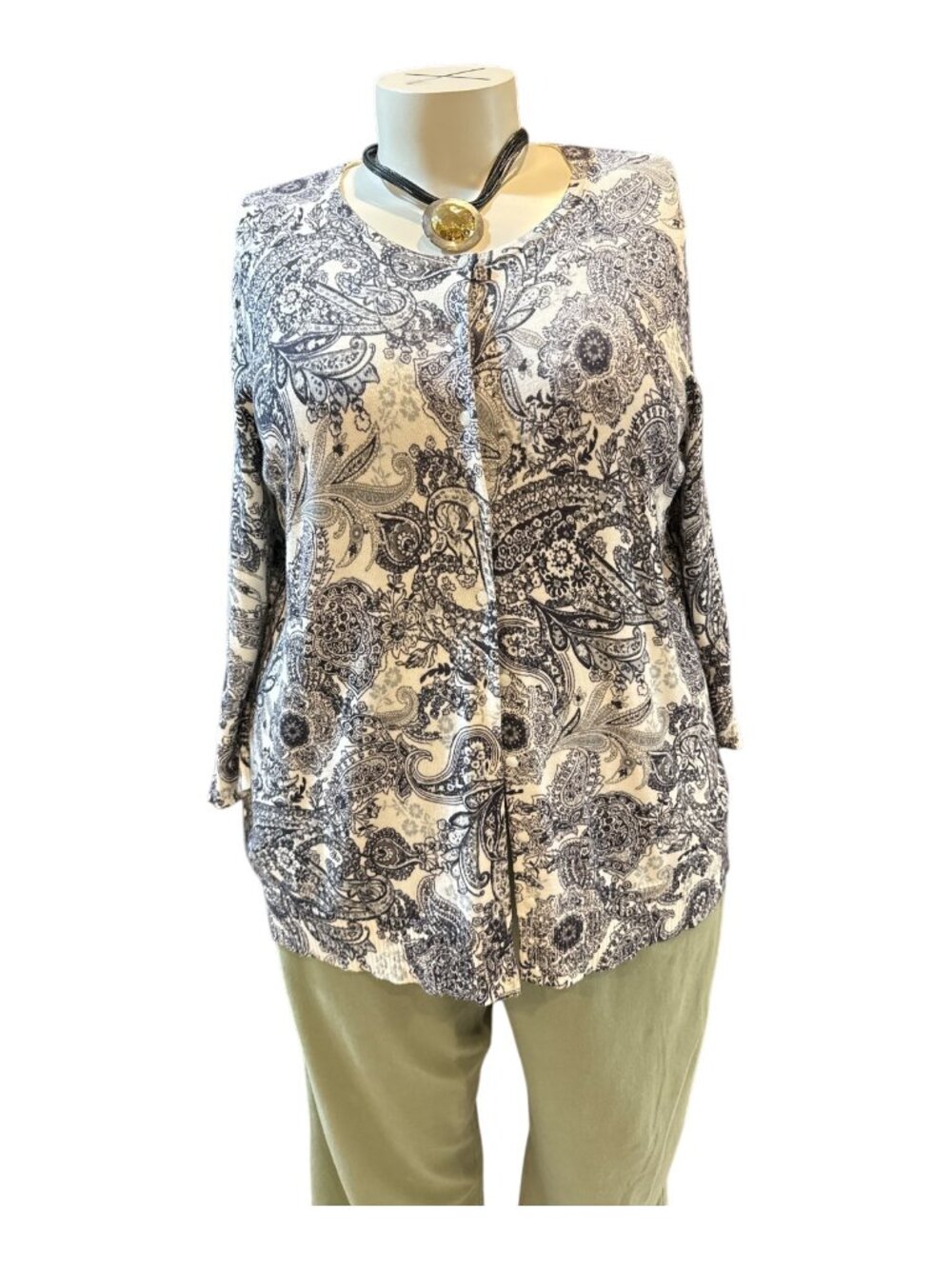 Coldwater Creek Sz 2X (20-22) Cream, Black & Gray Boho Floral Button-Up Cardigan